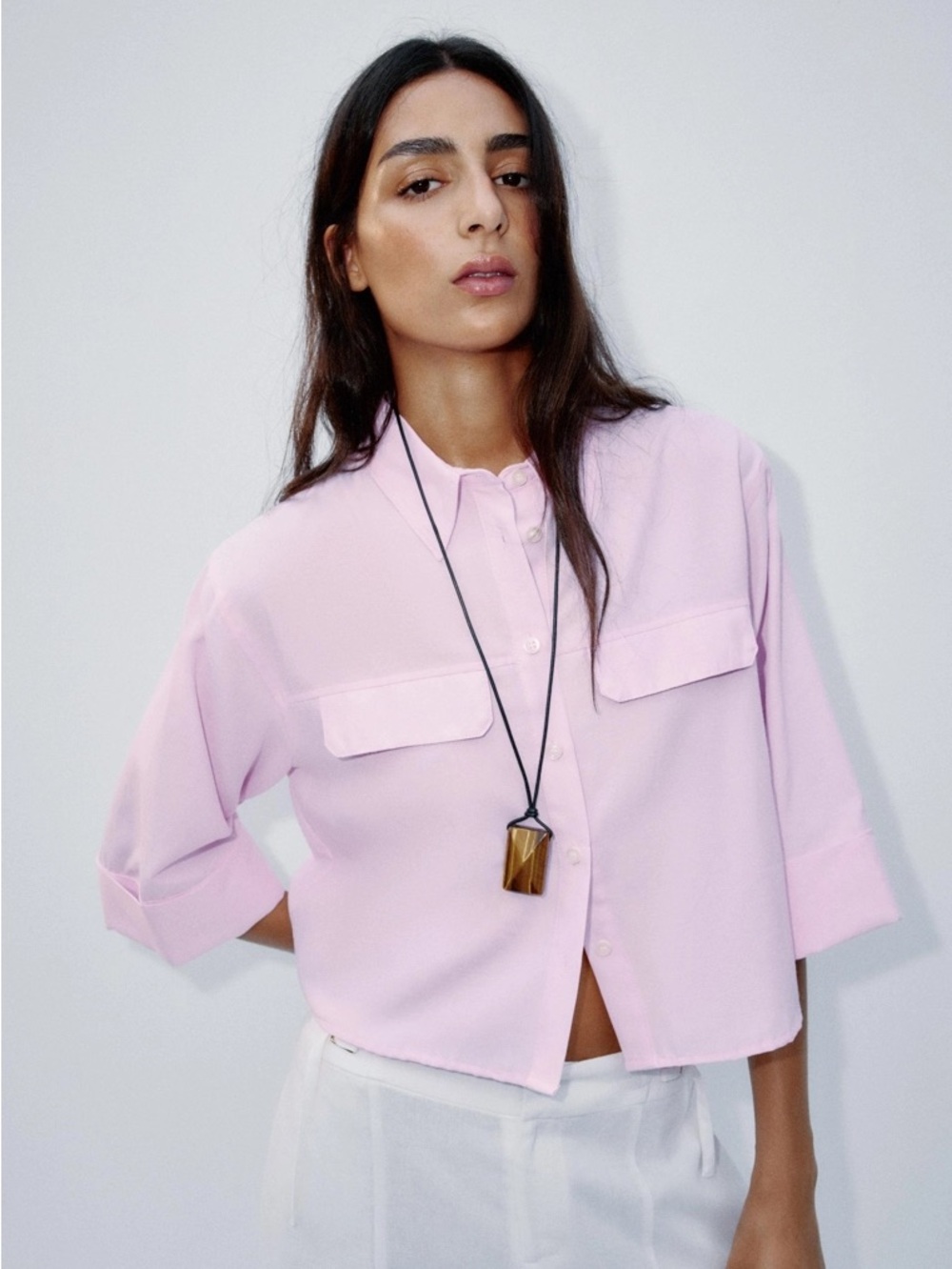 ZARA cropped short sleeve pink button-front oxford shirt. NWT S